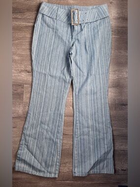 Women’s Light Blue Striped  slightly flared pants with Belt